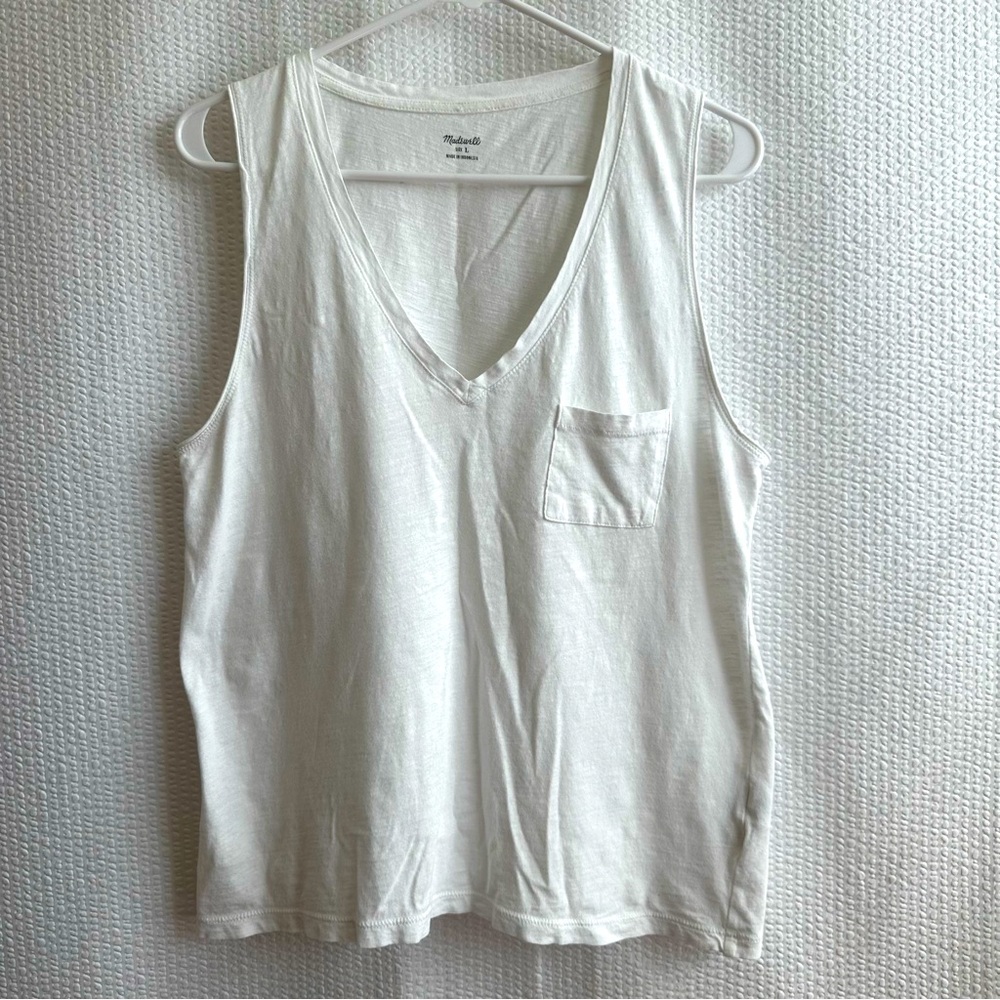 MADEWELL White V-Neck Pocket Sleeveless Cotton Tank Top Casual Size Large